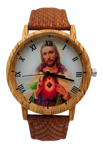 Reloj Jesus Sagrado Corazon Tono Madera + Estuche 