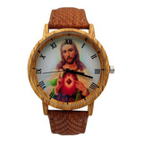 Reloj Jesus Sagrado Corazon Tono Madera + Estuche 