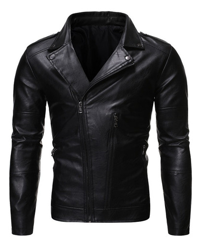 Chaqueta De Piel Biker De Corte Ajustado Para Hombre En Liso