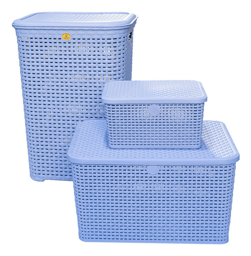 Conjunto De 3 Canastas Organizadoras Azul Tipo Rattan