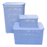 Conjunto De 3 Canastas Organizadoras Azul Tipo Rattan