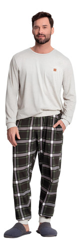 Pijama Masculino Plus Size Manga Longa E Calça Xadrez 