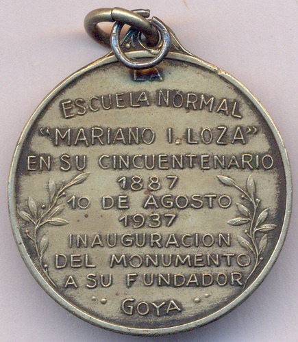 Medalla Corrientes Goya Educación Escuela Normal M Loza 1937