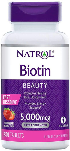 Natrol Biotin 5000 Mcg., 250 Tabletas Sabor Frutilla.