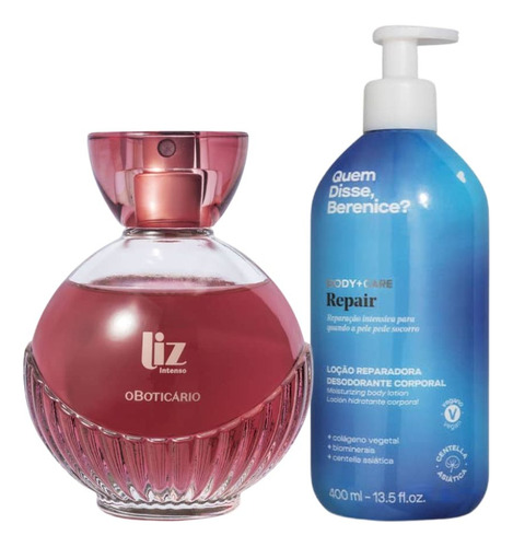 Combo Liz Intenso + Hidratante Repair Quem Disse Berenice? Kit Presente O Boticário Fragrâncias Exclusivas E Jovial. 