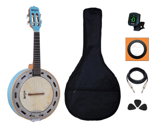 Kit Banjo Rozini Elétrico 4 Cordas Caixa Larga Azul Completo