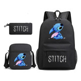 Mochila Escolar Stitch, Estuche Para Bolígrafos Y Bandolera