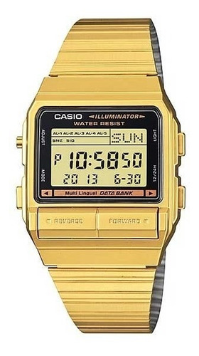 Reloj Casio Con Banco De Datos Unisex Db-380g-1df, Color De Correa Dorado Y Bisel, Color Negro, Color De Fondo Gris