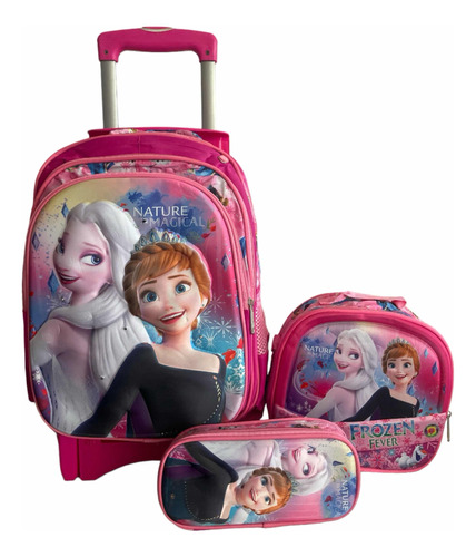 Kit Mochila Elsa Con Ruedas Lonchera Y Lapicera 