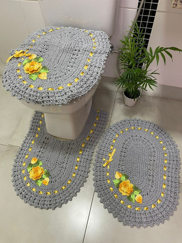Jogo De Tapete Crochê Colorido Banheiro 3 Peças Promoção