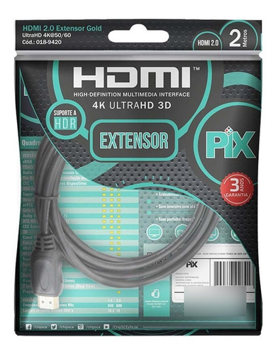 Extensão Hdmi 4k Hdr Cabo Extensor 2.0 Macho Fêmea 2 Metros