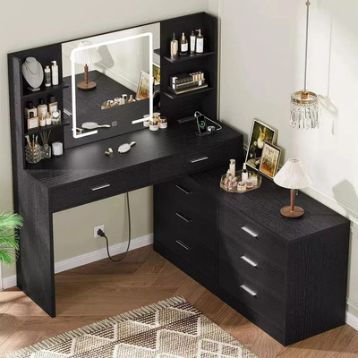 Multifuncional Tocador Grande Vanity Hollywood Con Espejo Y Luces 8 Cajones, Mderno (negro) | Meses sin interés