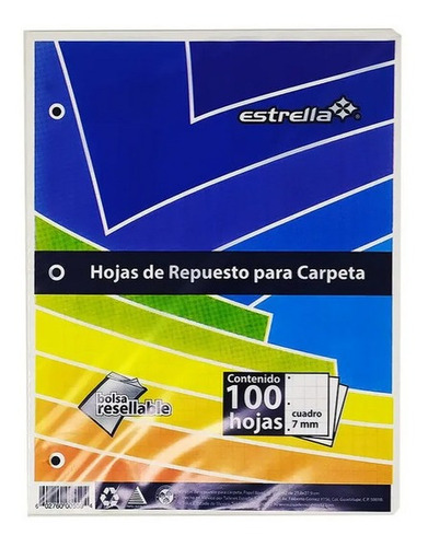 Hoja Repuesto Para Carpeta 100h Carta Cuadro 7mm 1pzs