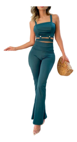 Conjunto De Pantalon Pegado Y Blusa Corta De Tiras Verde Mod