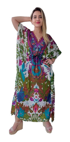 Vestido Kaftan Indiano Longo Estampado Plus Size - Cod. 26a