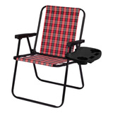 Kit Cadeira De Praia Dobravel Xadrez Vermelha +mesa Portátil