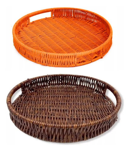 Bandeja Redonda Centro  Mesa 30cm Kit 2 Peças Rattan Sintétc