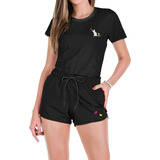 Conjunto Feminino Camiseta Algodão E Short Tactel Estampas