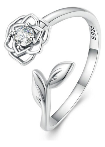 Anillo Ajustable Para Mujer Flor Rosa Circón En Plata 925