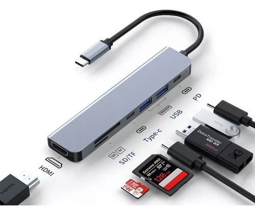 Hub Tipo C 7 En 1 Hdmi 4k Usb 3.0 Lector De Tarjetas Y Carga