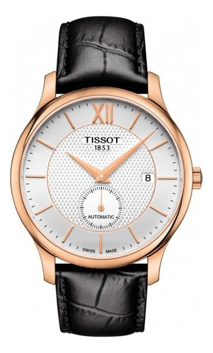 Reloj Pulsera Tissot T-classic Tradition Automatic Small Second De Cuerpo Color Oro Rosa, Analógico, Fondo Plata, Con Correa De Cuero Color Negro, Agujas Color Oro Rosa, Dial Oro Rosa, Subesferas Colo