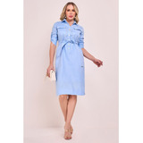 Vestido Estilo Chemise Azul Linho Entre Mares