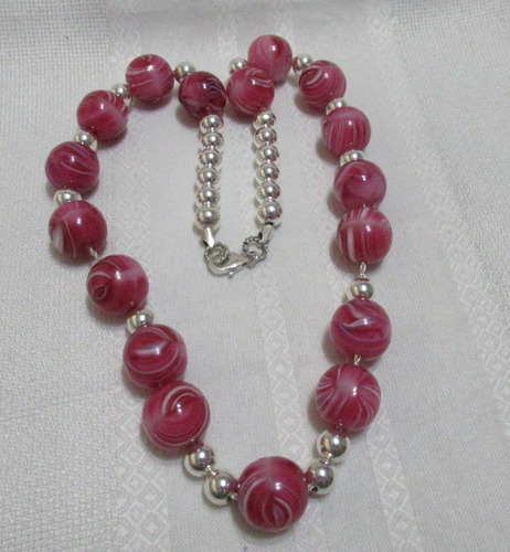 Collar Cristal Veneciano Rosa Enhebrado Cadena Plata 925