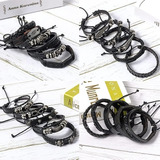 Pulseras De Cuero Negro Para Hombre, Apilables, Trenzadas