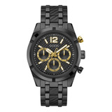 Reloj Para Hombre Guess Continental Color Plateado Gw0260g1 Correa Negro2 Bisel Dorado Fondo Negro