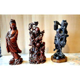 Antiguas 3 Figuras Estatuas Tallas  Madera Oriental Chinas 