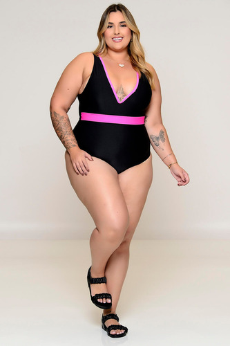 Maiô Plus Size Decote Em Aro Neon Rosa