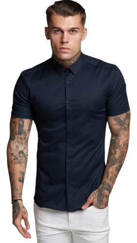 Camisa Social Lisa Masculina Manga Curta Slim Fit