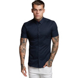 Camisa Social Lisa Masculina Manga Curta Slim Fit