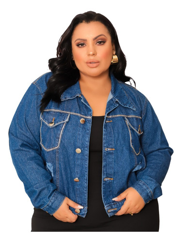 Jaqueta Jeans Feminina Plus Size Detalhe Bordado Em Pedraria