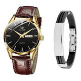 Relógio Masculino Casual De Luxo Dourado Social + Pulseira Correia Marrom Fundo Preto