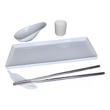 Set Sushi X5 Pz Palito Chino Plato Cerámica Porta Salsa Sake