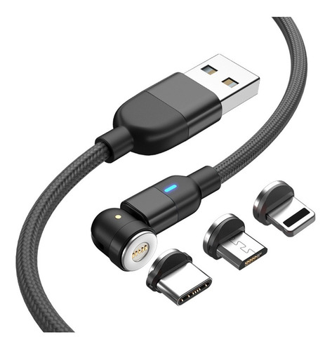 Cable Usb 3en1 Magnético Carga Rápida+ Datos+ Giratorio540° Color Negro 2m