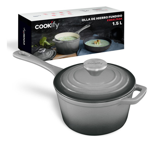 Olla De Hierro Fundido Esmaltado Cookify 1.5 Lts. | Ferro-lux Series | Para Todas Las Estufas Y Hornos, Retención De Calor Superior. Color Gris Esmaltado