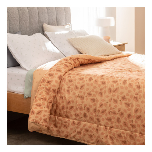 Acolchado 2 Plazas Queen Size Reversible Estampado Otoñal Color Coral