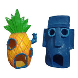 2 Figuras Resina P/ Acuario Casa Bob Esponja Mediano 23 Cm