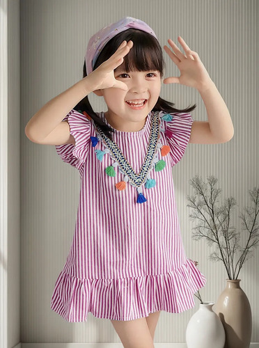Vestido Infantil De Rayas Con Flecos Y Manga Voladoras