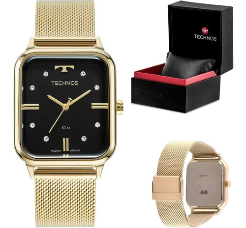 Relógio Technos Feminino Dourado Black Cristais Brihantes