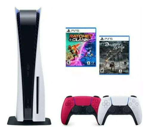 Sony Playstation 5 825gb Kit: Ps5 Hw Standard + Dualsense + Ps5 Demons Souls + Ps5 Ratchet & Clank Cor  Branco E Preto