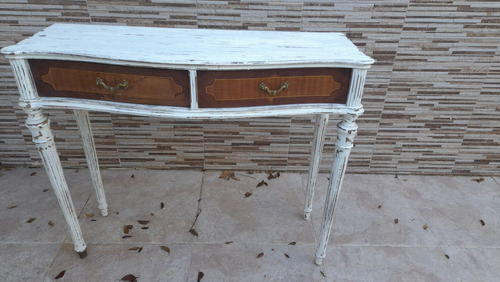 Mesa De Arrime Antigua, Patinado En Blanco, Madera Original 