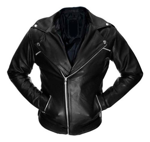 Chamarra Rockera De Piel Hombre Cierre Cruzado Slim Biker B1