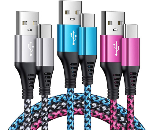 3 Cargadores Usb A Usb C Nylon Trenzado Blanco Azul Rosa