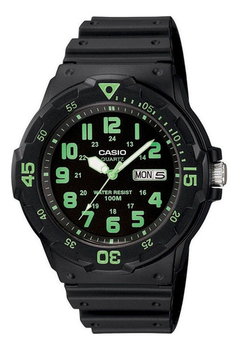 Reloj Pulsera Casio Youth Mrw-200 De Cuerpo Color Negro, Analógico, Para Hombre, Fondo Negro, Con Correa De Resina Color Negro, Agujas Color Blanco Y Verde, Dial Verde, Minutero/segundero Verde, Bisel