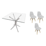 Mesa Vidro Quadrado 90cm Base Ana + 3 Cadeira Eiffel Bgc