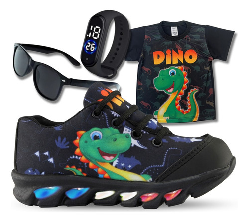 Kit Tenis De Led Infantil Dinossauro +camisa+relogio+oculos