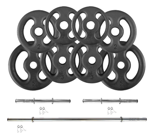 Kit 28kg Anilhas E Barras Supino E Halteres Musculação Fit